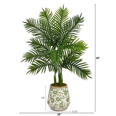 46” Areca Palm Artificial Tree in Floral Print Planter (Real Touch)-Parc Decor