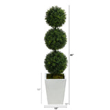 46” Boxwood Triple Ball Topiary Artificial Tree in White Metal Planter (Indoor/Outdoor)-Parc Decor