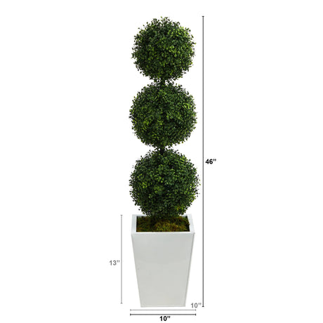 46” Boxwood Triple Ball Topiary Artificial Tree in White Metal Planter (Indoor/Outdoor)-Parc Decor