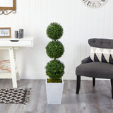 46” Boxwood Triple Ball Topiary Artificial Tree in White Metal Planter (Indoor/Outdoor)-Parc Decor