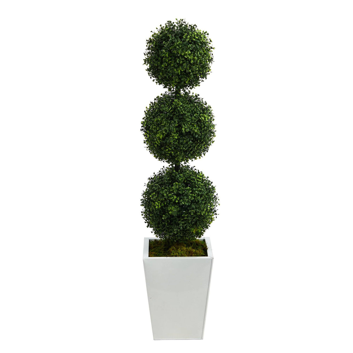 46” Boxwood Triple Ball Topiary Artificial Tree in White Metal Planter (Indoor/Outdoor)-Parc Decor