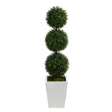 46” Boxwood Triple Ball Topiary Artificial Tree in White Metal Planter (Indoor/Outdoor)-Parc Decor