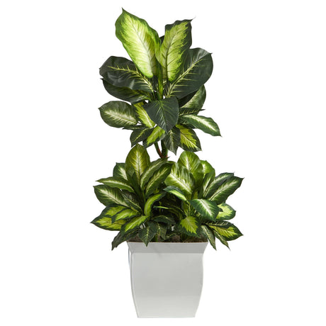 46” Golden Dieffenbachia Artificial Plant in White Metal Planter-Parc Decor