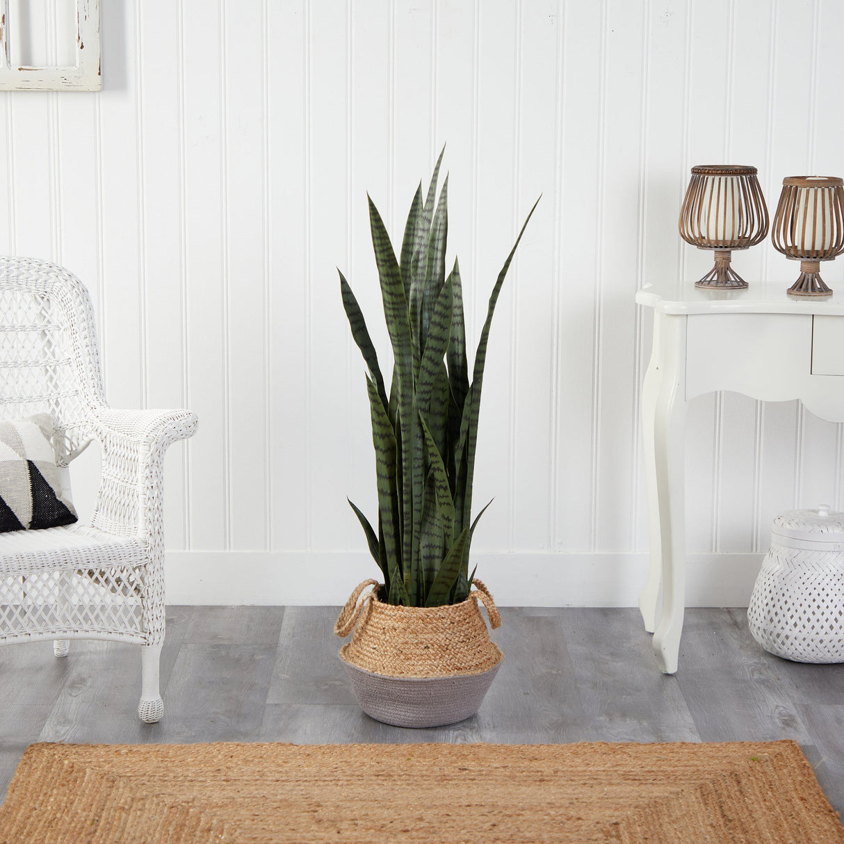46” Sansevieria Artificial Plant in Boho Chic Handmade Cotton & Jute Gray Woven Planter-Parc Decor