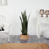 46” Sansevieria Artificial Plant in Boho Chic Handmade Cotton & Jute Gray Woven Planter-Parc Decor