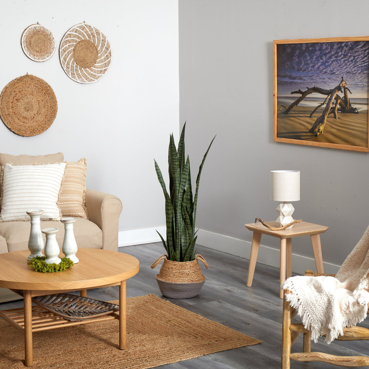 46” Sansevieria Artificial Plant in Boho Chic Handmade Cotton & Jute Gray Woven Planter-Parc Decor