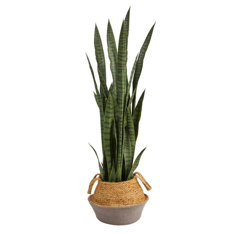 46” Sansevieria Artificial Plant in Boho Chic Handmade Cotton & Jute Gray Woven Planter-Parc Decor