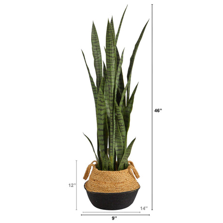 46” Sansevieria Plant in Cotton & Jute Black Woven Planter-Parc Decor