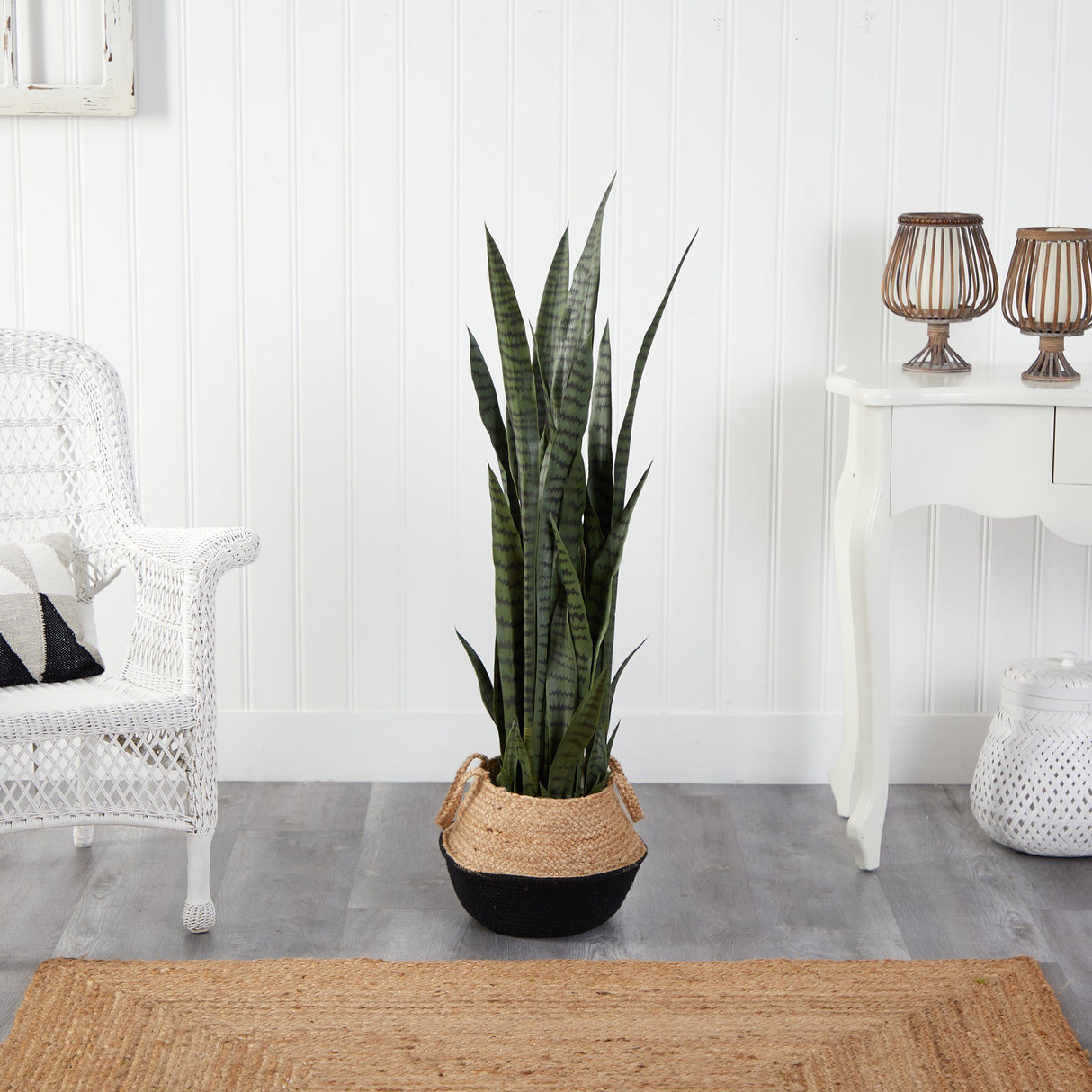 46” Sansevieria Plant in Cotton & Jute Black Woven Planter-Parc Decor