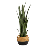 46” Sansevieria Plant in Cotton & Jute Black Woven Planter-Parc Decor