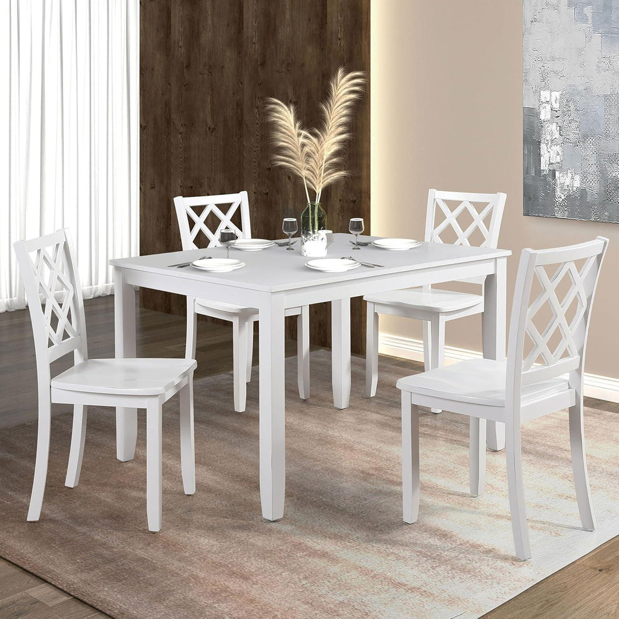 48"W Solid Rubberwood 5-Piece Dining Table Set with Diamond Chair Back-Parc Decor