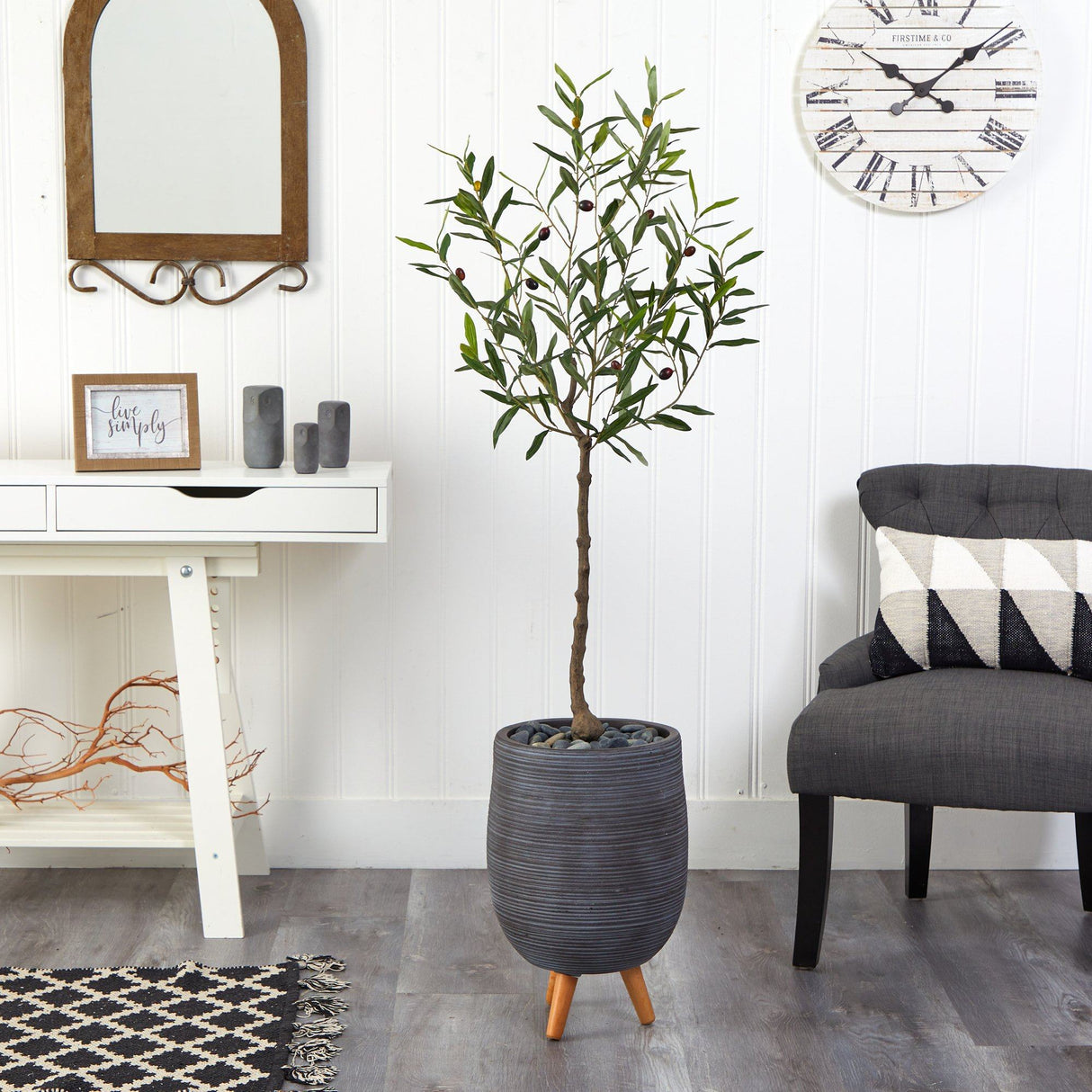 4.5’ Artificial Olive Tree in Gray Planter with Stand-Parc Decor