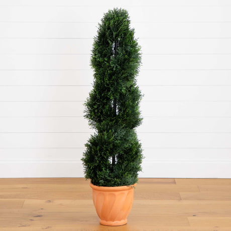 4.5’ Double Cypress Topiary Artificial Tree in Terracotta Planter (Indoor/Outdoor)-Parc Decor