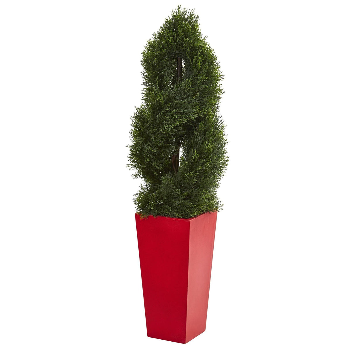 4.5’ Double Pond Cypress Spiral Artificial Tree in Red Planter (Indoor/Outdoor)-Parc Decor