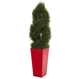 4.5’ Double Pond Cypress Spiral Artificial Tree in Red Planter (Indoor/Outdoor)-Parc Decor