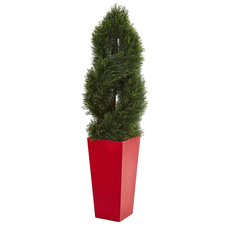 4.5’ Double Pond Cypress Spiral Artificial Tree in Red Planter (Indoor/Outdoor)-Parc Decor