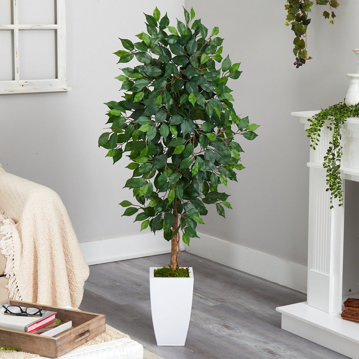 4.5’ Ficus Artificial Tree in White Metal Planter-Parc Decor