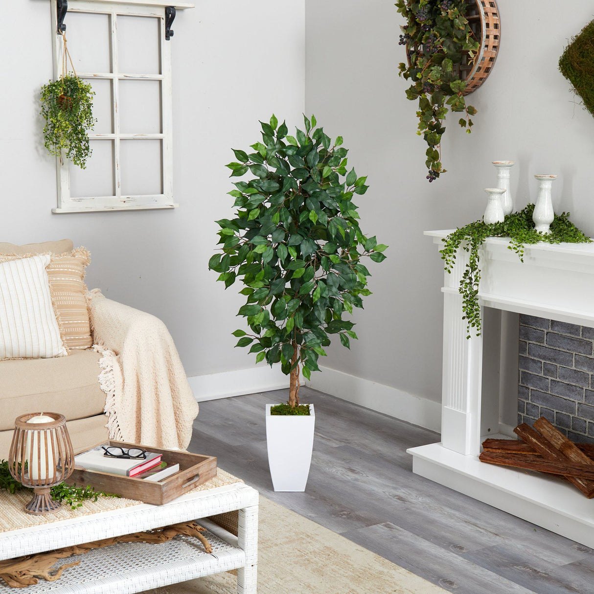 4.5’ Ficus Artificial Tree in White Metal Planter-Parc Decor