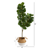 4.5’ Fiddle Leaf Fig Artificial Tree with Boho Chic Handmade Cotton & Jute White Woven Planter-Parc Decor
