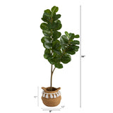 4.5’ Fiddle Leaf Fig Tree with Boho Chic Handmade Natural Cotton Woven Planter with Tassels-Parc Decor