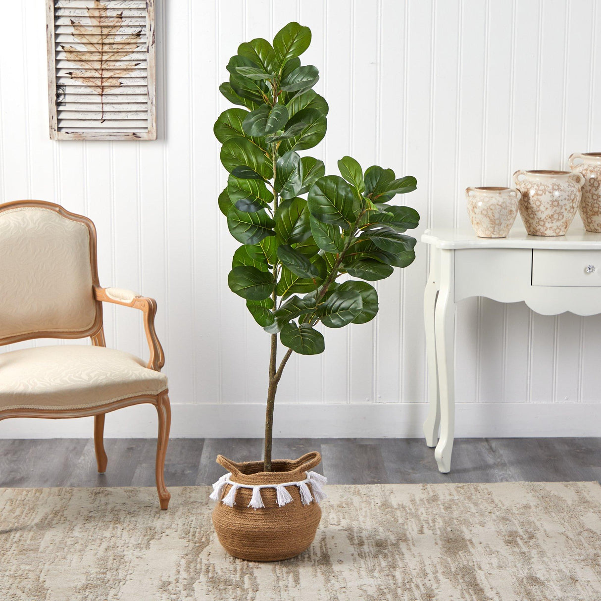 4.5’ Fiddle Leaf Fig Tree with Boho Chic Handmade Natural Cotton Woven Planter with Tassels-Parc Decor