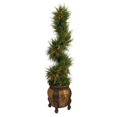 4.5’ Spiral Cypress Artificial Tree in Decorative Planter with 80 Clear LED Lights (Indoor/Outdoor)-Parc Decor