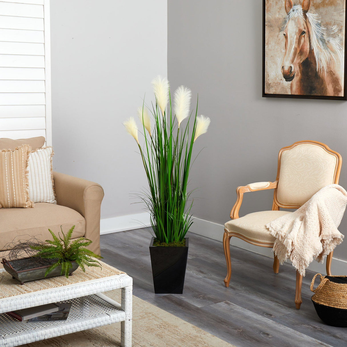 4.5’ Wheat Plum Grass Artificial Plant in Black Metal Planter-Parc Decor