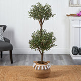 4.5' Artificial Olive Double Topiary with Handmade Jute & Cotton Basket with Tassels-Plant in Planter-Parc Decor