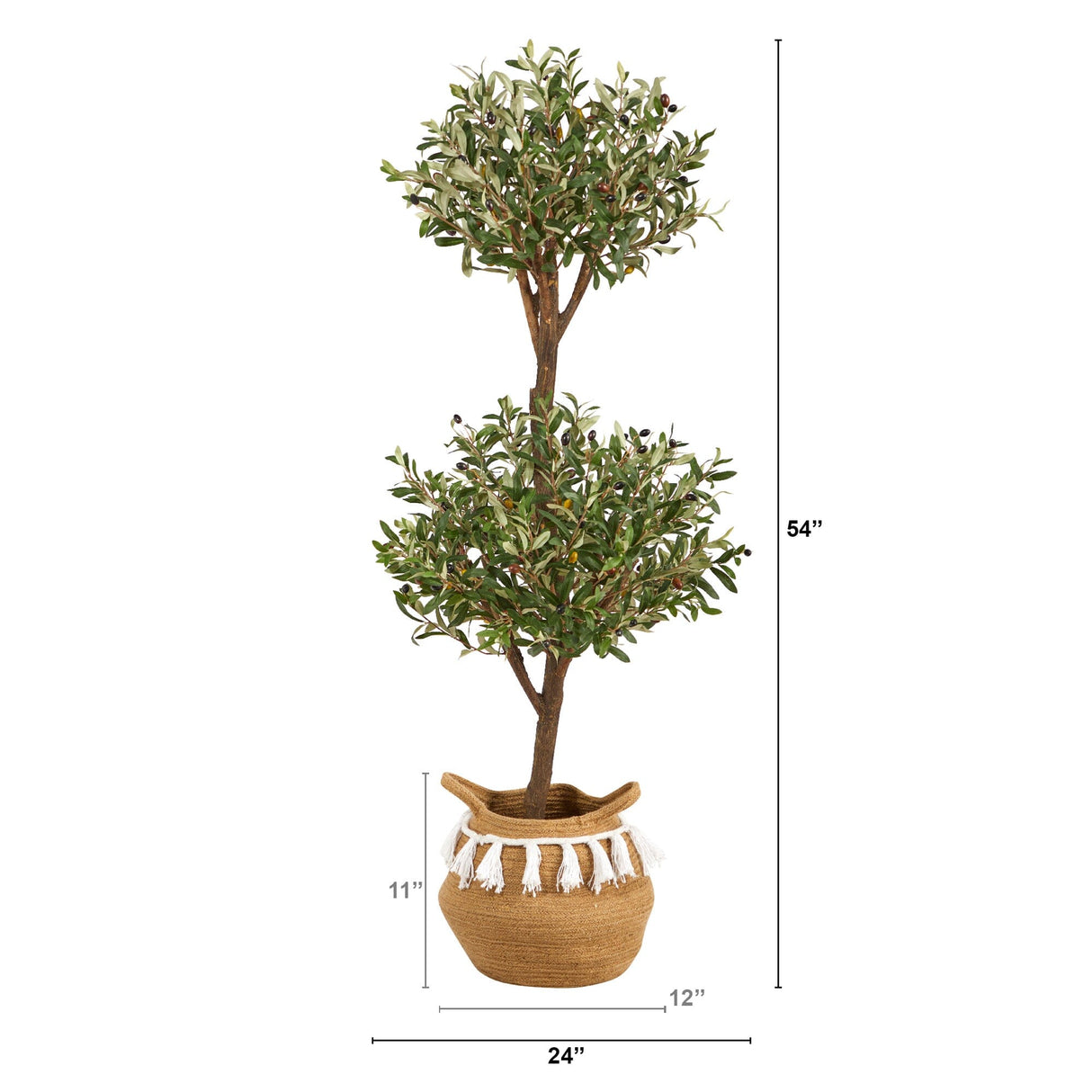 4.5' Artificial Olive Double Topiary with Handmade Jute & Cotton Basket with Tassels-Plant in Planter-Parc Decor