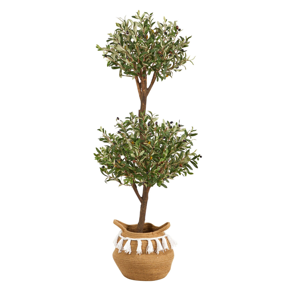 4.5' Artificial Olive Double Topiary with Handmade Jute & Cotton Basket with Tassels-Plant in Planter-Parc Decor