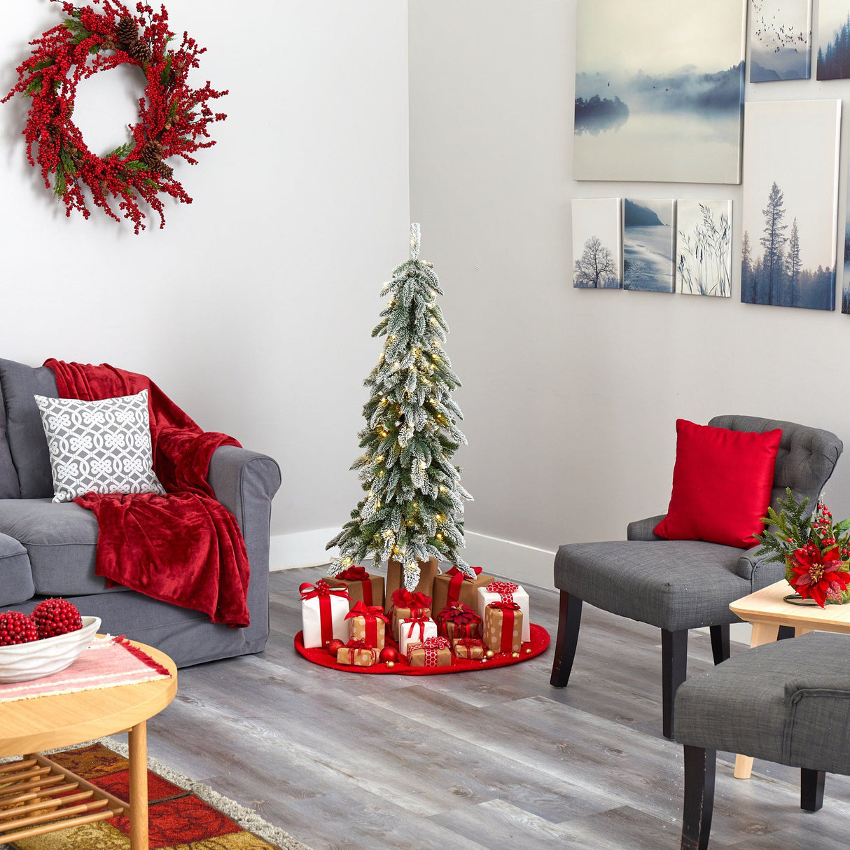 4.5’ Flocked Washington Alpine Artificial Christmas Tree with 100 White Warm LED Lights and 285 Bendable Branches-Christmas Tree-Parc Decor