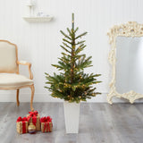 4.5’ Layered Washington Spruce Artificial Christmas Tree with 100 Clear LED Lights and 189 Bendable Branches in White Planter-Christmas Tree-Parc Decor
