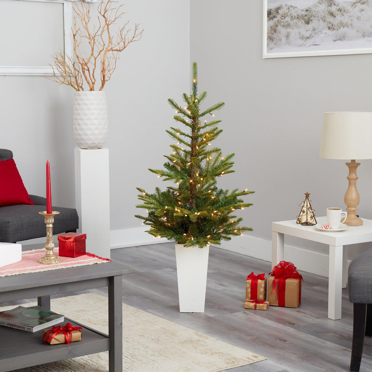 4.5’ Layered Washington Spruce Artificial Christmas Tree with 100 Clear LED Lights and 189 Bendable Branches in White Planter-Christmas Tree-Parc Decor