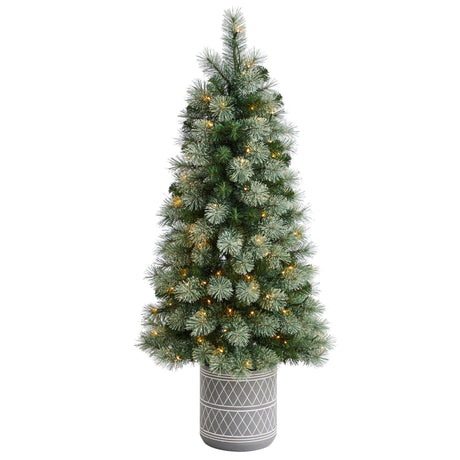 4.5’ Nova Scotia Artificial Christmas Tree in Engraved Geometric Stone Planter-Christmas Tree-Parc Decor