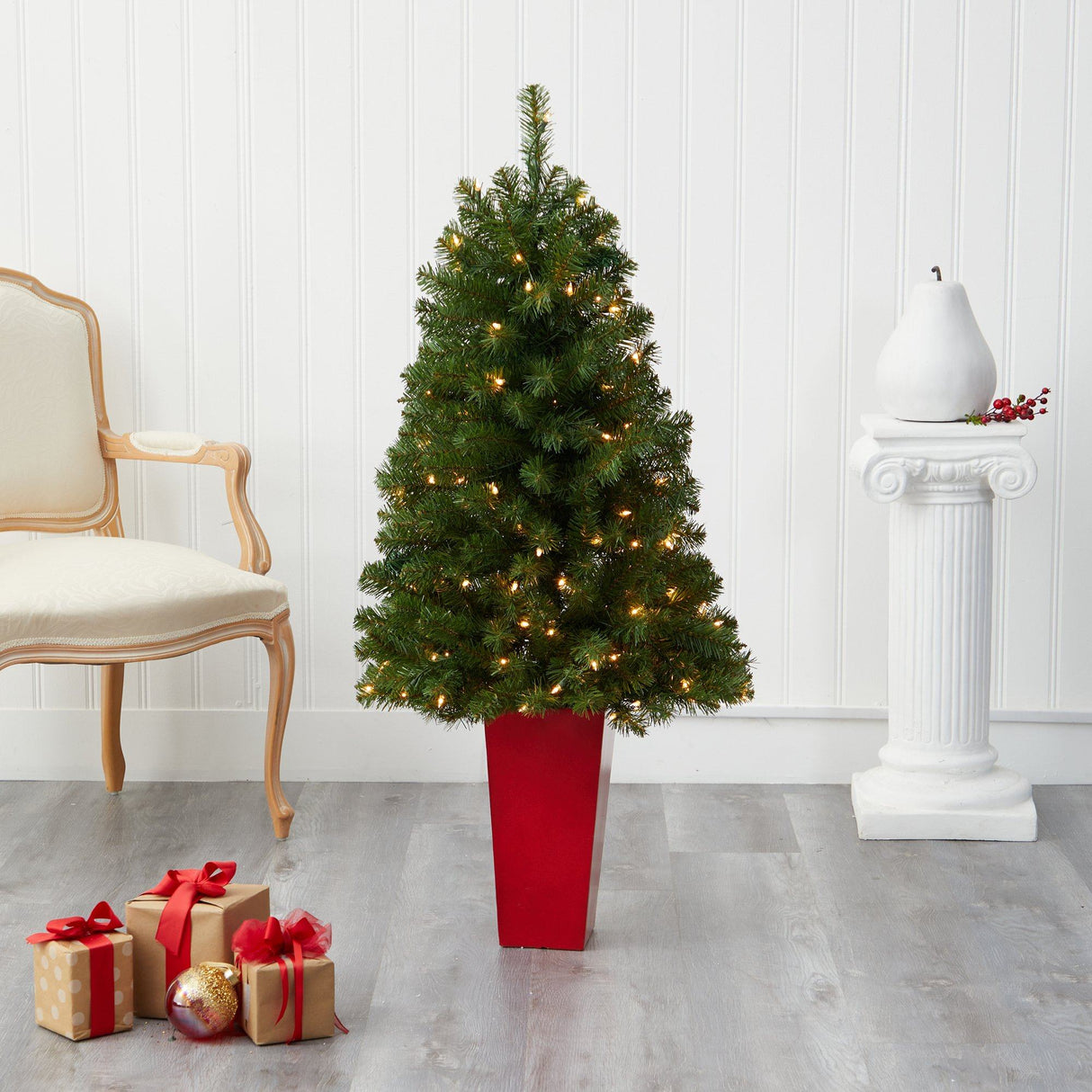 4.5’ Virginia Fir Artificial Christmas Tree with 100 Clear Lights and 223 Bendable Branches in Red Planter-Christmas Tree-Parc Decor