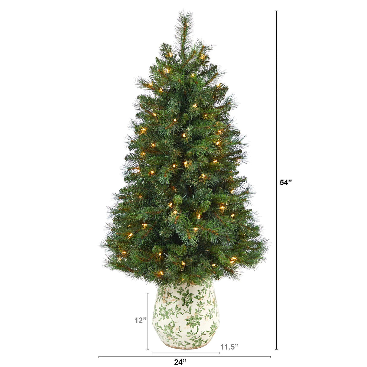 4.5’ West Virginia Mountain Pine Artificial Christmas Tree with 100 Clear Lights and 322 Bendable Branches in Floral Print Planter-Christmas Tree-Parc Decor