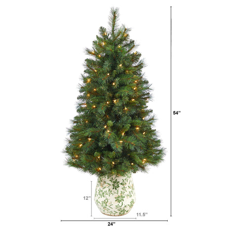 4.5’ West Virginia Mountain Pine Artificial Christmas Tree with 100 Clear Lights and 322 Bendable Branches in Floral Print Planter-Christmas Tree-Parc Decor