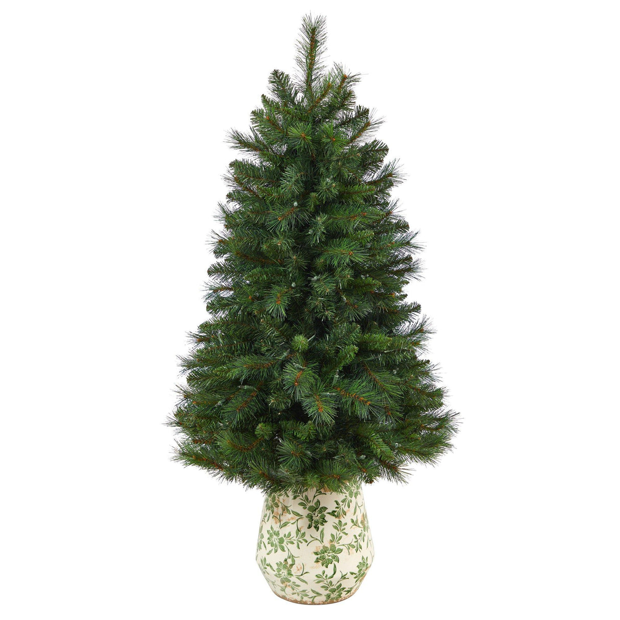 4.5’ West Virginia Mountain Pine Artificial Christmas Tree with 100 Clear Lights and 322 Bendable Branches in Floral Print Planter-Christmas Tree-Parc Decor