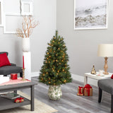 4.5’ West Virginia Mountain Pine Artificial Christmas Tree with 100 Clear Lights and 322 Bendable Branches in Floral Print Planter-Christmas Tree-Parc Decor