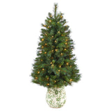4.5’ West Virginia Mountain Pine Artificial Christmas Tree with 100 Clear Lights and 322 Bendable Branches in Floral Print Planter-Christmas Tree-Parc Decor
