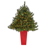 4.5’ Wyoming Mixed Pine Artificial Christmas Tree with 250 Clear Lights and 462 Bendable Branches in Red Tower Planter-Christmas Tree-Parc Decor