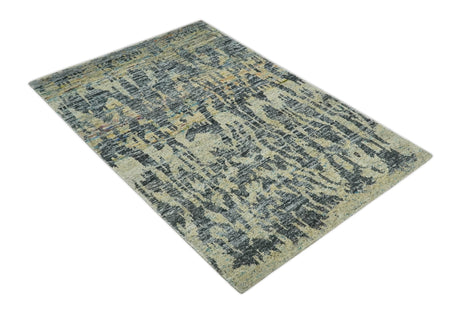 4.5x6.5 Hand Knotted Beige and Charcoal Modern Abstract Recycled Silk Area Rug