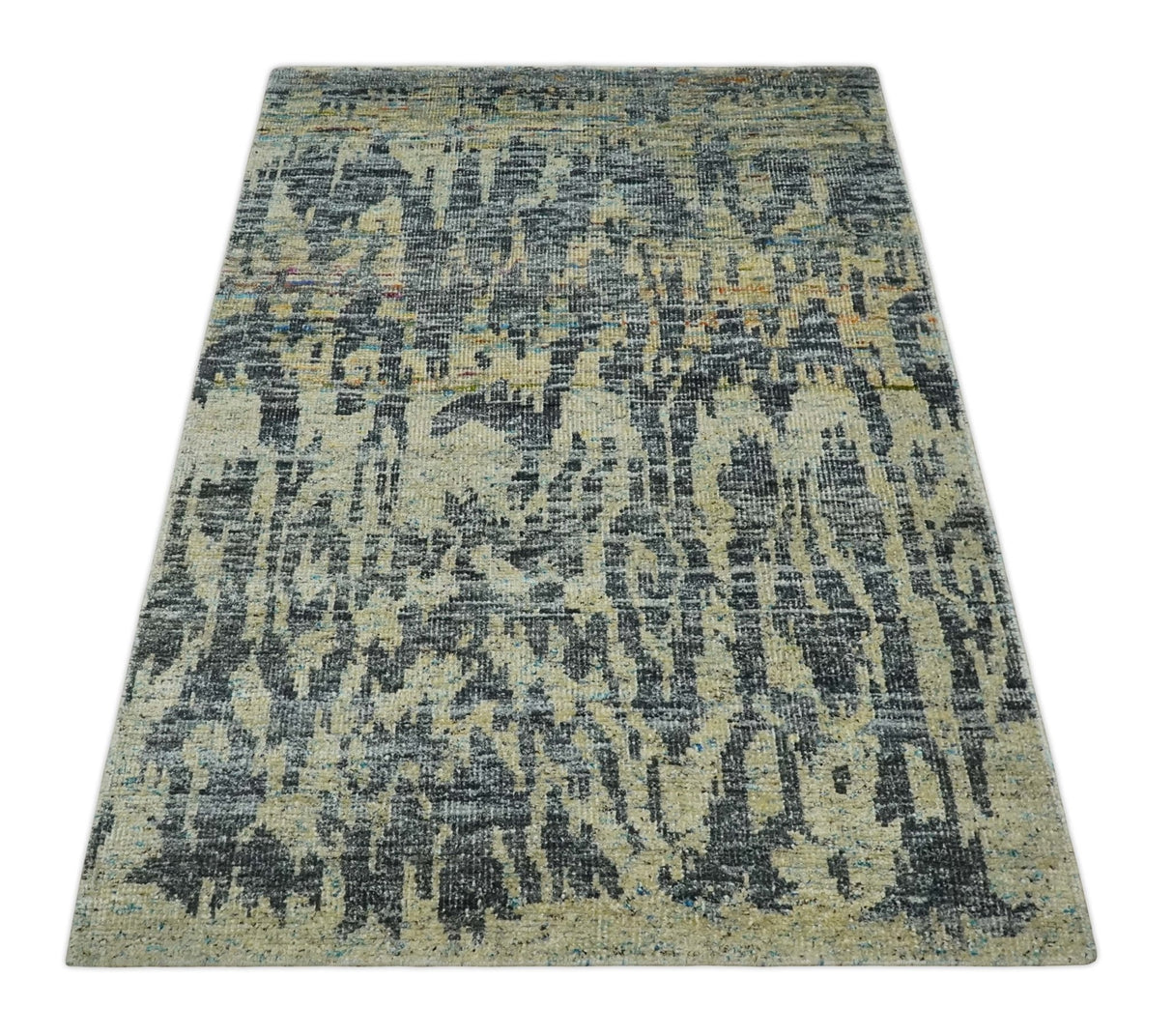 4.5x6.5 Hand Knotted Beige and Charcoal Modern Abstract Recycled Silk Area Rug