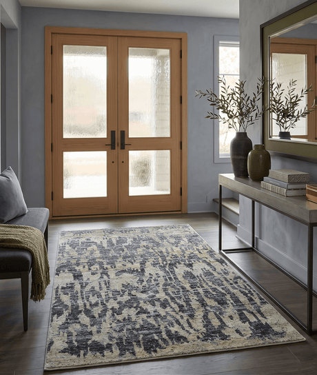 4.5x6.5 Hand Knotted Beige and Charcoal Modern Abstract Recycled Silk Area Rug