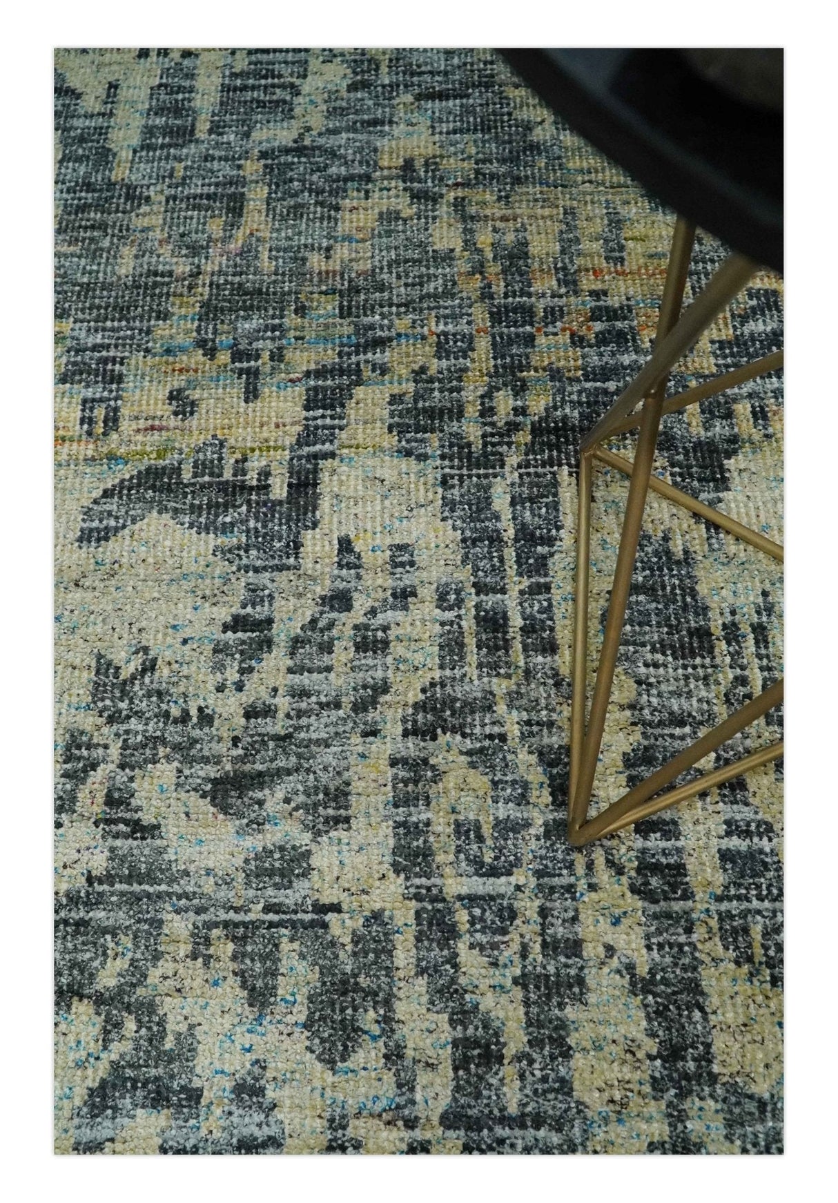 4.5x6.5 Hand Knotted Beige and Charcoal Modern Abstract Recycled Silk Area Rug