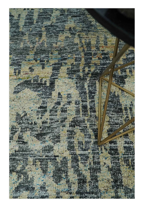4.5x6.5 Hand Knotted Beige and Charcoal Modern Abstract Recycled Silk Area Rug