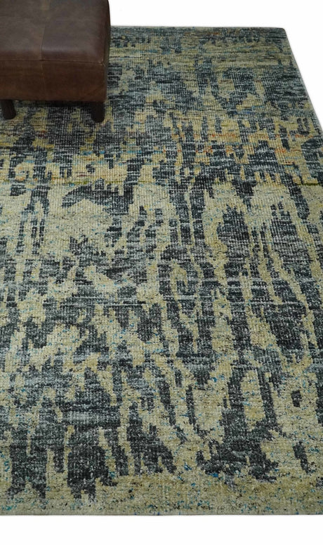 4.5x6.5 Hand Knotted Beige and Charcoal Modern Abstract Recycled Silk Area Rug