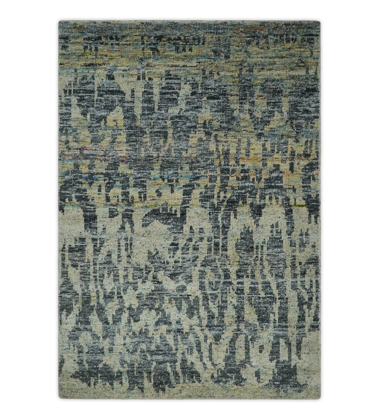 4.5x6.5 Hand Knotted Beige and Charcoal Modern Abstract Recycled Silk Area Rug