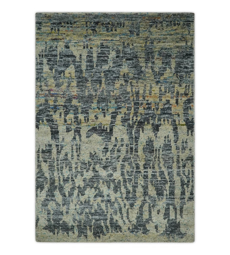 4.5x6.5 Hand Knotted Beige and Charcoal Modern Abstract Recycled Silk Area Rug