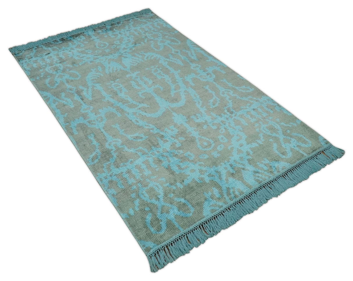 4.5x6.5 Hand Knotted Blue and Gray Modern Persian Style Contemporary Art Silk Area Rug | OP133-Area Rug-Parc Decor